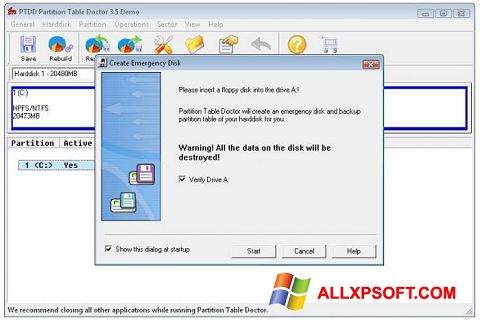 Ekrano kopija Partition Table Doctor Windows XP