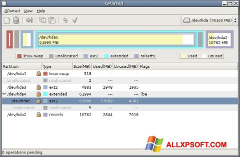 Ekrano kopija GParted Windows XP