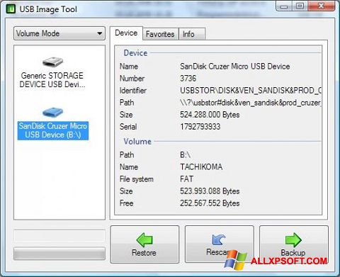 Ekrano kopija USB Image Tool Windows XP