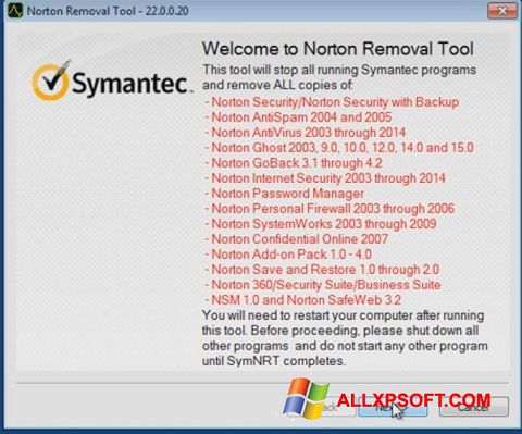 Ekrano kopija Norton Removal Tool Windows XP