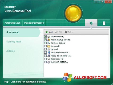 Ekrano kopija Kaspersky Virus Removal Tool Windows XP