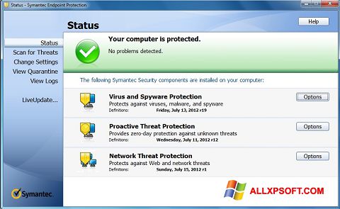 Ekrano kopija Symantec Endpoint Protection Windows XP