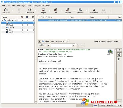 Ekrano kopija Claws Mail Windows XP