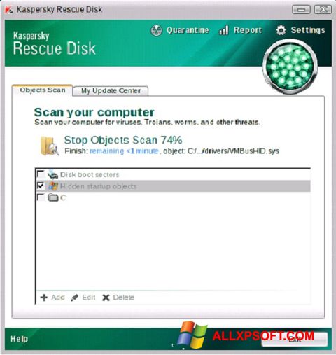Ekrano kopija Kaspersky Rescue Disk Windows XP