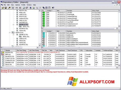 Ekrano kopija Dependency Walker Windows XP