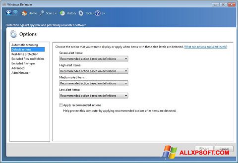Ekrano kopija Windows Defender Windows XP