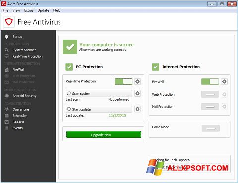 Ekrano kopija Avira Free Antivirus Windows XP