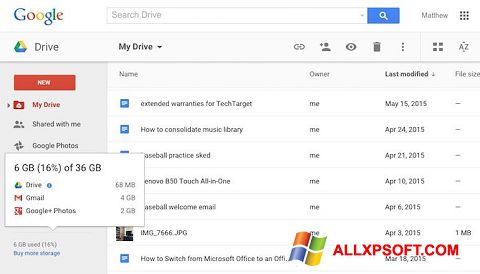 Ekrano kopija Google Drive Windows XP