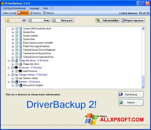 Ekrano kopija Driver Backup Windows XP