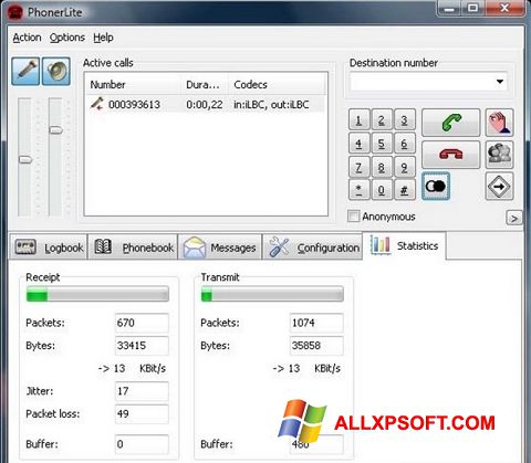 Ekrano kopija PhonerLite Windows XP
