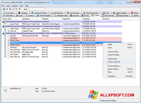 Ekrano kopija AutoRuns Windows XP