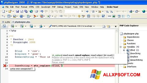 Ekrano kopija phpDesigner Windows XP