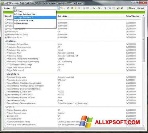 Ekrano kopija NVIDIA Inspector Windows XP