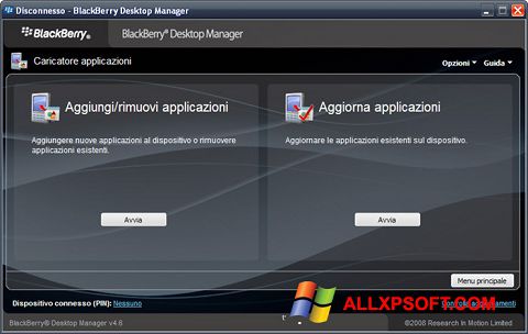 Ekrano kopija BlackBerry Desktop Manager Windows XP