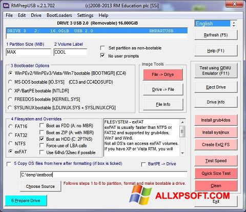 Ekrano kopija RMPrepUSB Windows XP