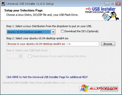 Ekrano kopija Universal USB Installer Windows XP