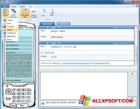 Ekrano kopija Microsoft Mathematics Windows XP